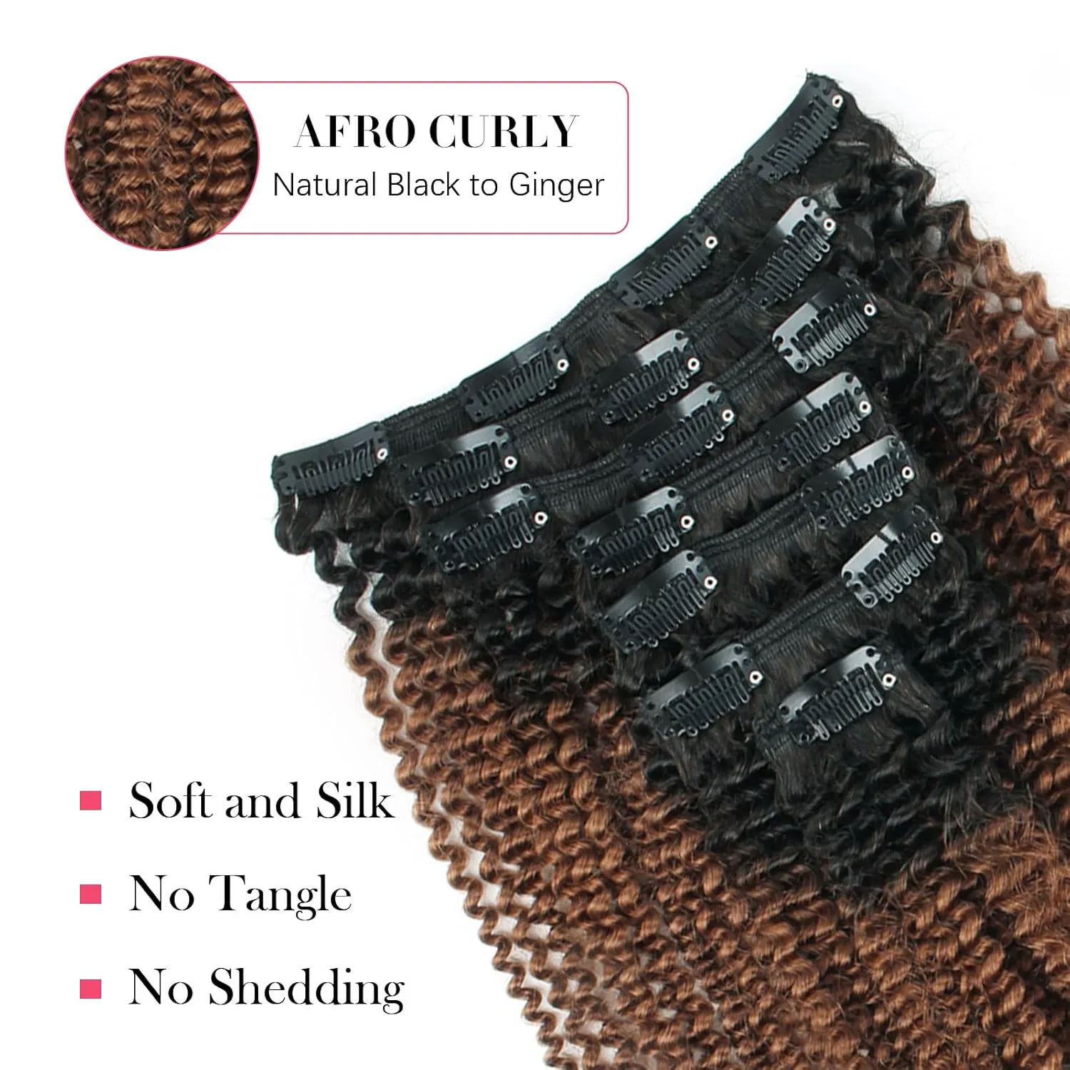 Sassina Double Wefts Clip In Human Hair Extensions Afro Curly Style Natural Looking Ombre Natural Black Fading to Ginger 120 Grams 7 Pieces Per Bundle With 17 Clips AC TN30 14 Inch