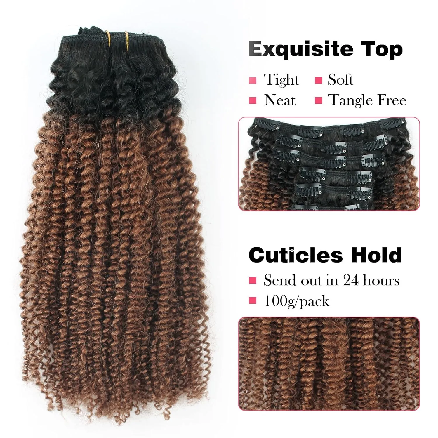 Sassina Double Wefts Clip In Human Hair Extensions Afro Curly Style Natural Looking Ombre Natural Black Fading to Ginger 120 Grams 7 Pieces Per Bundle With 17 Clips AC TN30 14 Inch