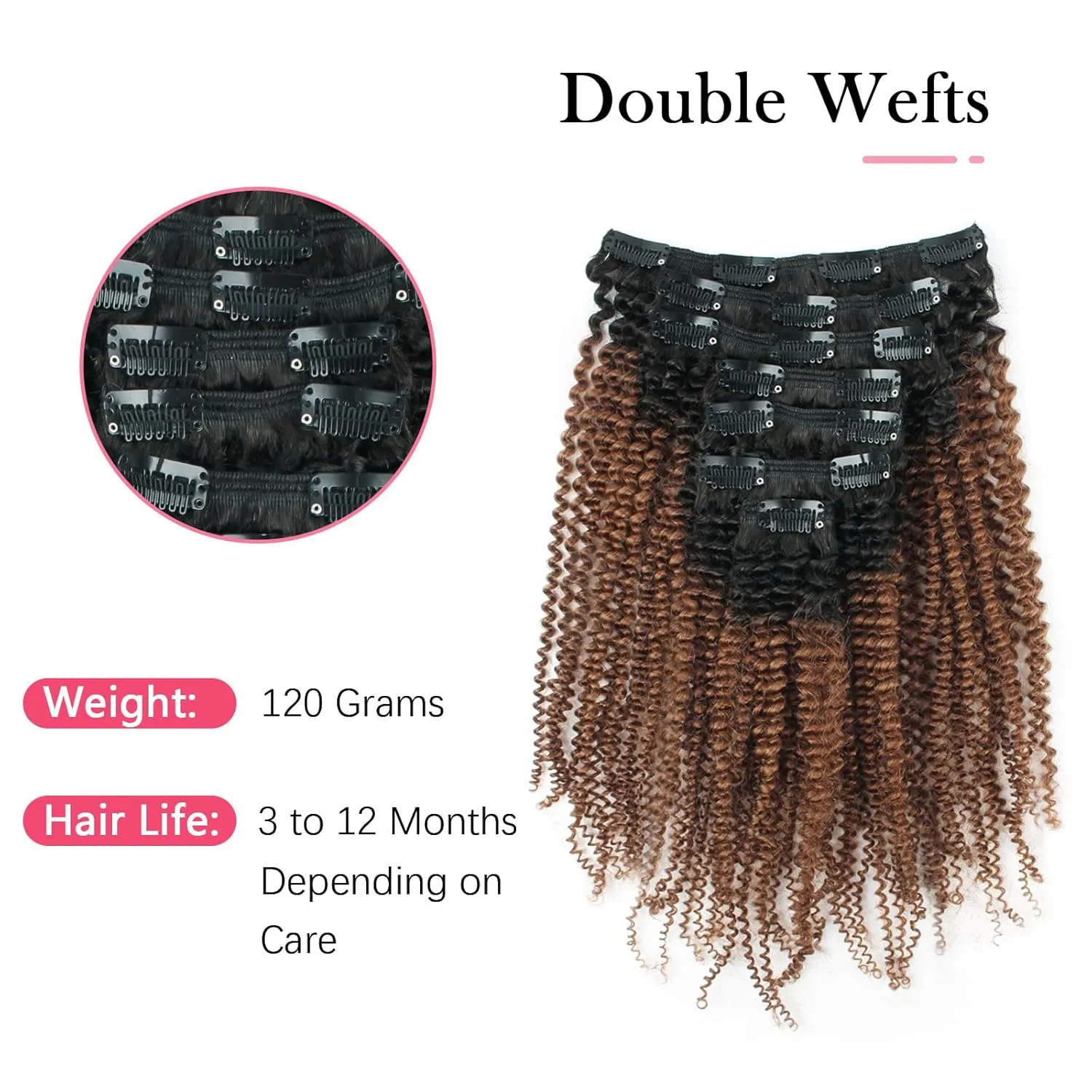Sassina Double Wefts Clip In Human Hair Extensions Afro Curly Style Natural Looking Ombre Natural Black Fading to Ginger 120 Grams 7 Pieces Per Bundle With 17 Clips AC TN30 14 Inch