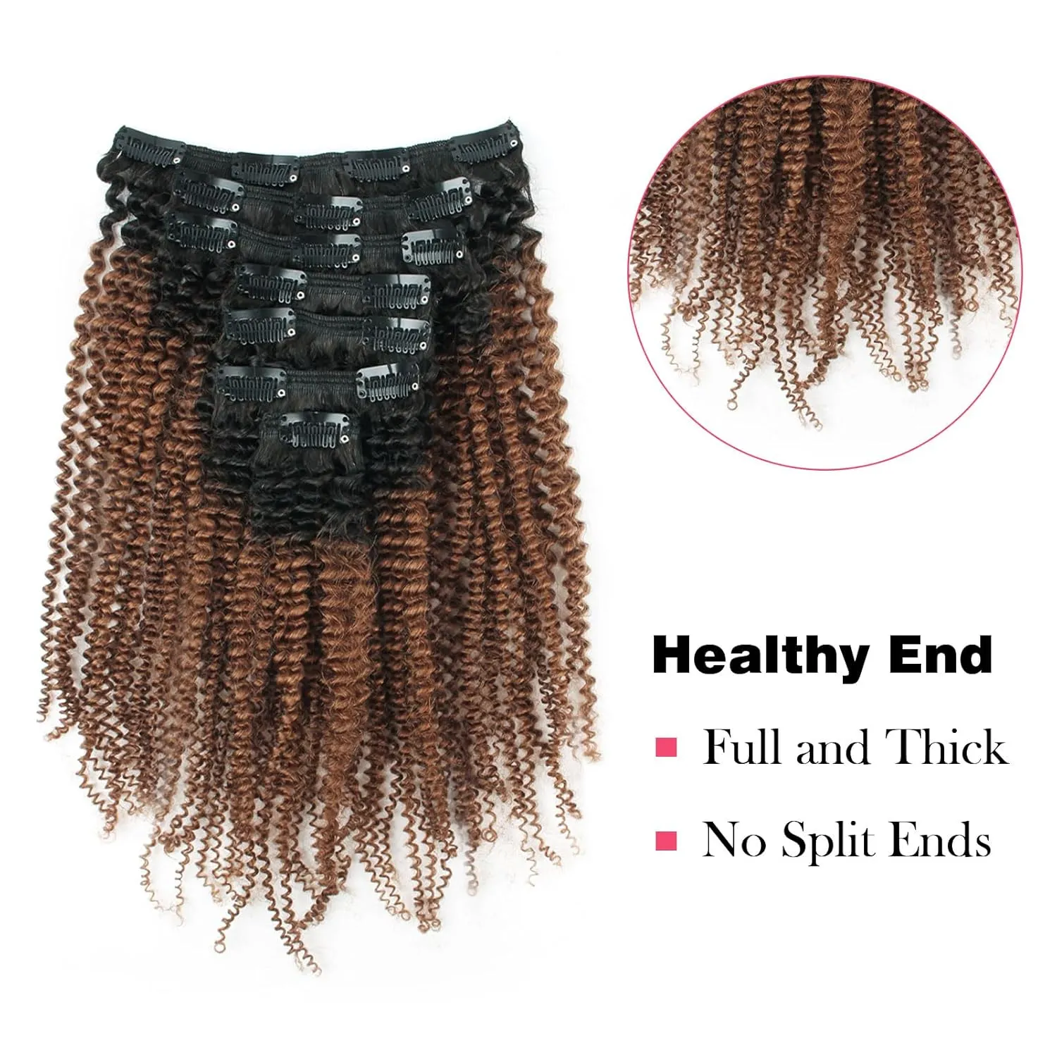 Sassina Double Wefts Clip In Human Hair Extensions Afro Curly Style Natural Looking Ombre Natural Black Fading to Ginger 120 Grams 7 Pieces Per Bundle With 17 Clips AC TN30 14 Inch