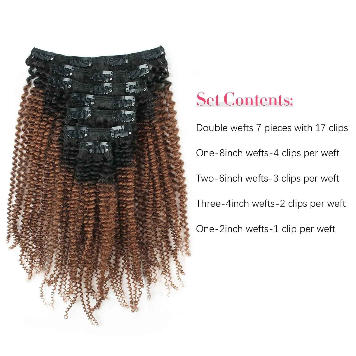 Sassina Double Wefts Clip In Human Hair Extensions Afro Curly Style Natural Looking Ombre Natural Black Fading to Ginger 120 Grams 7 Pieces Per Bundle With 17 Clips AC TN30 14 Inch