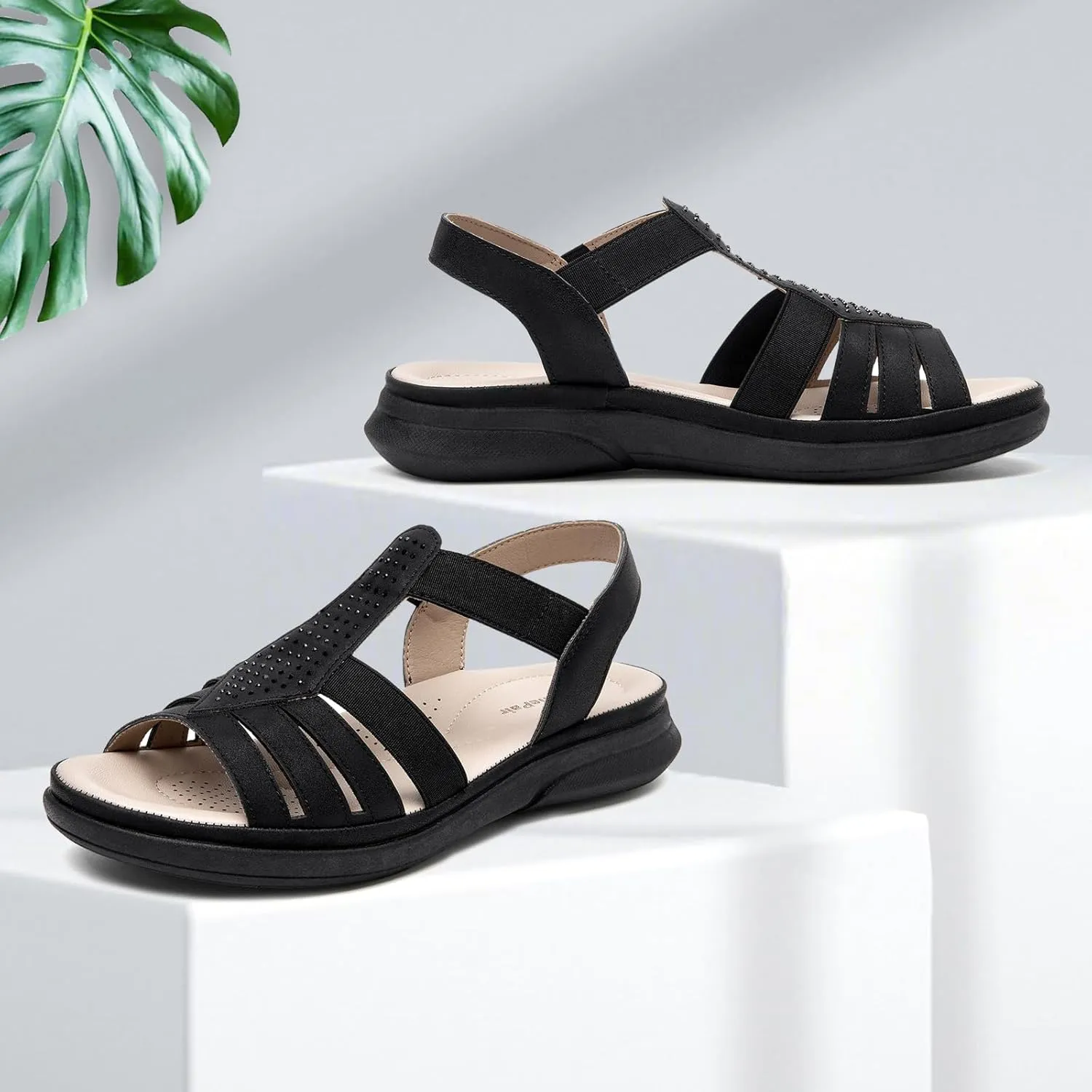 SelenePair Women's Flat Sandals Elastic Straps Rhinestone Arch Support Lightweight Slides Comfortable Casual Walking Shoes