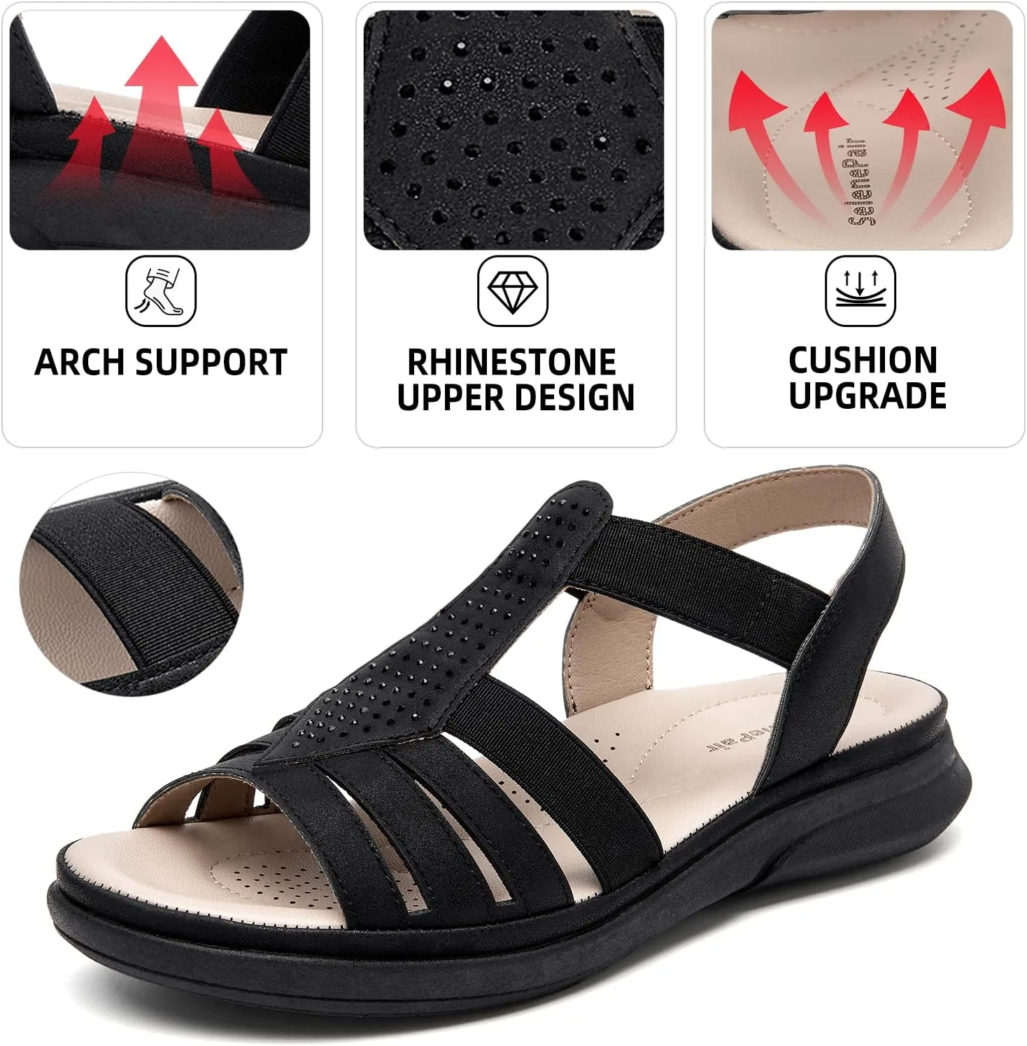 SelenePair Women's Flat Sandals Elastic Straps Rhinestone Arch Support Lightweight Slides Comfortable Casual Walking Shoes