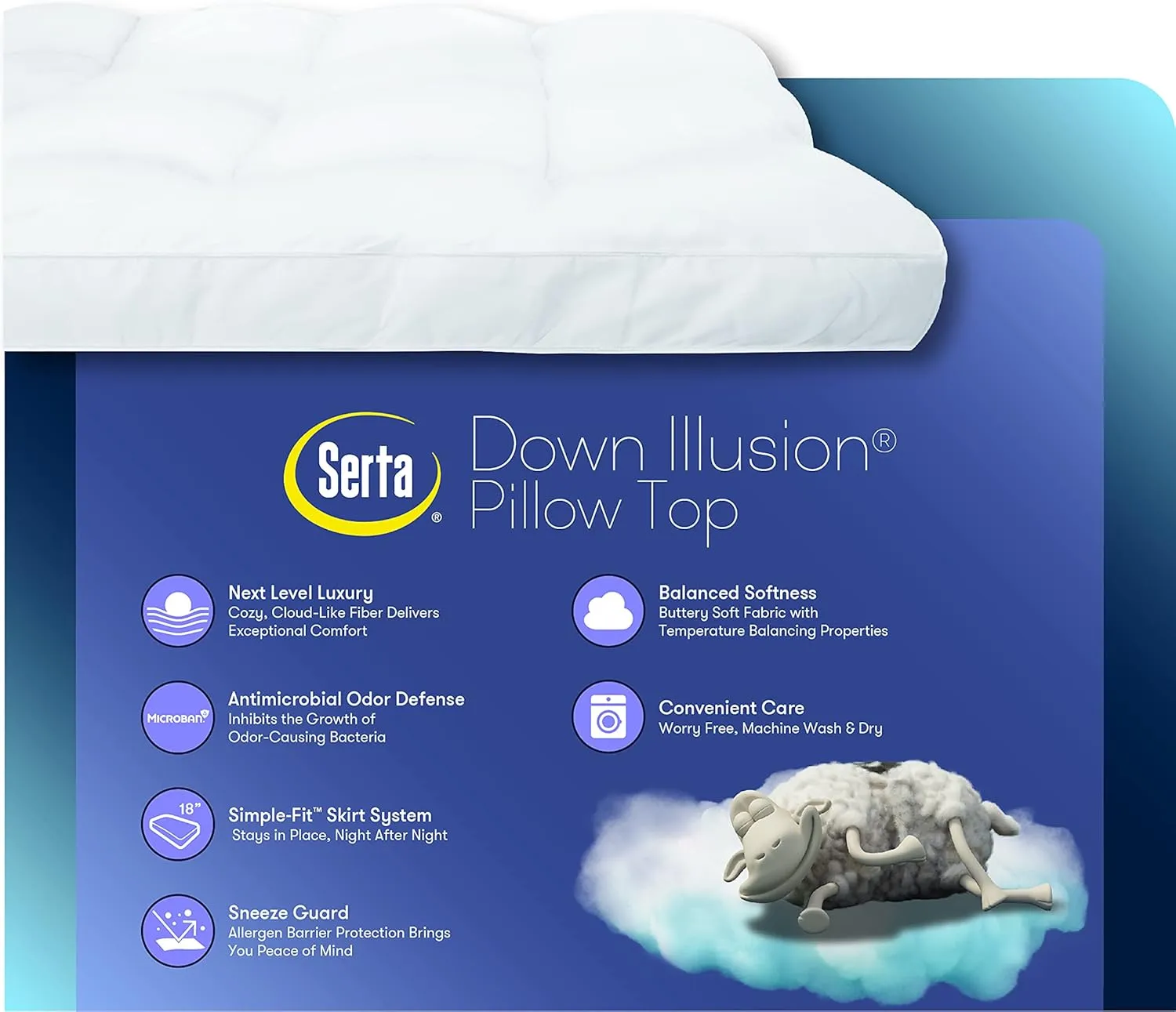 SERTA Down Illusion Soft Hypoallergenic 2 inch Pillowtop Simple Fit Mattress Topper, King, White