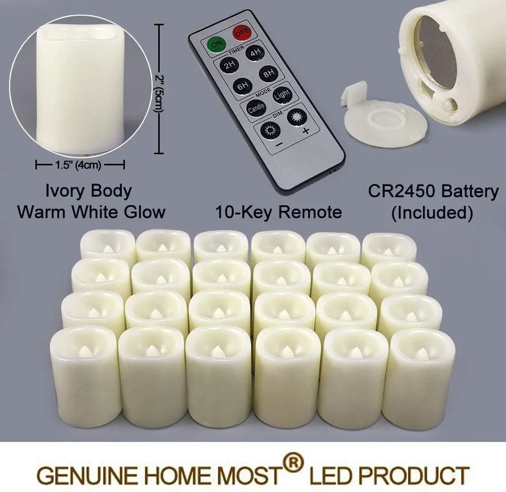 Set of 24 LED Votive Candles with Timer and Remote (Ivory Body with Warm White Glow) - Flickering Flameless Votive Candles Battery Operated - Bulk Rustic Wedding Decorations Reception Table
