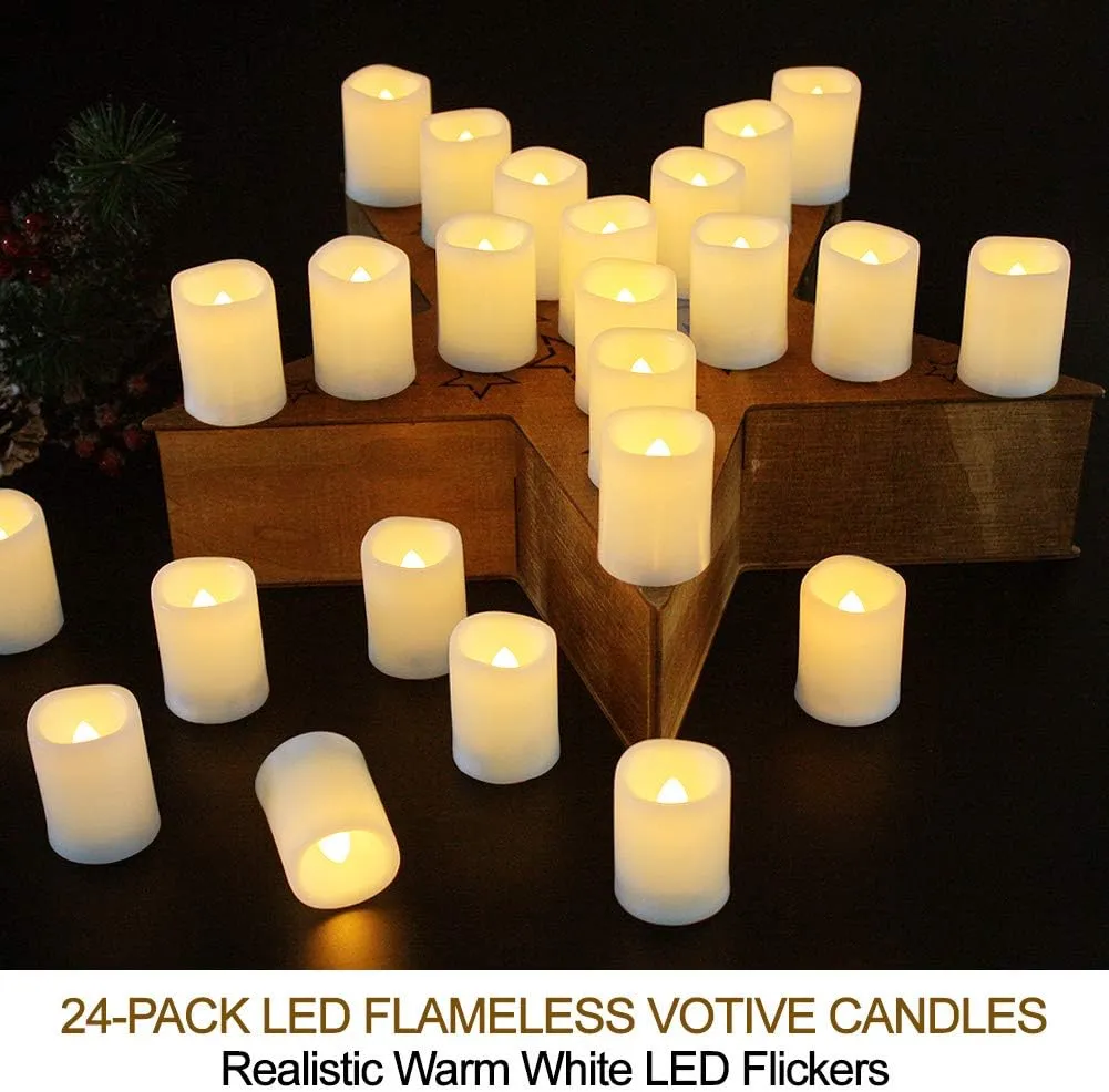 Set of 24 LED Votive Candles with Timer and Remote (Ivory Body with Warm White Glow) - Flickering Flameless Votive Candles Battery Operated - Bulk Rustic Wedding Decorations Reception Table
