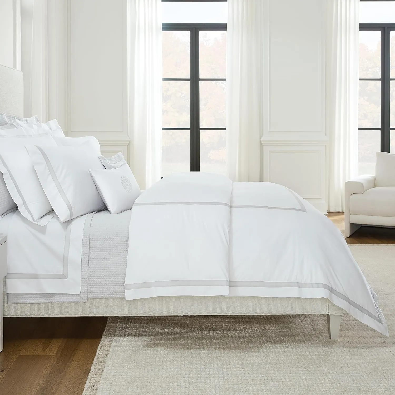 Sferra Estate Collection - 100% Long-Staple 200 Thread Count Cotton Percale with Sateen Appliqué - Cooling, Soft, and Breathable Bed Linens, 4pc King Sheet Set, White/Lunar