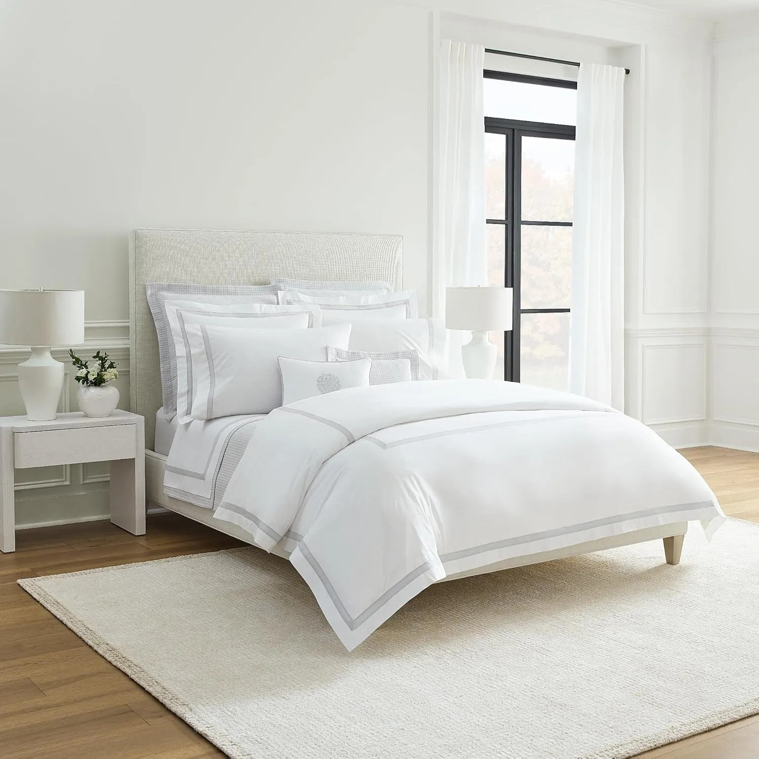 Sferra Estate Collection - 100% Long-Staple 200 Thread Count Cotton Percale with Sateen Appliqué - Cooling, Soft, and Breathable Bed Linens, 4pc King Sheet Set, White/Lunar