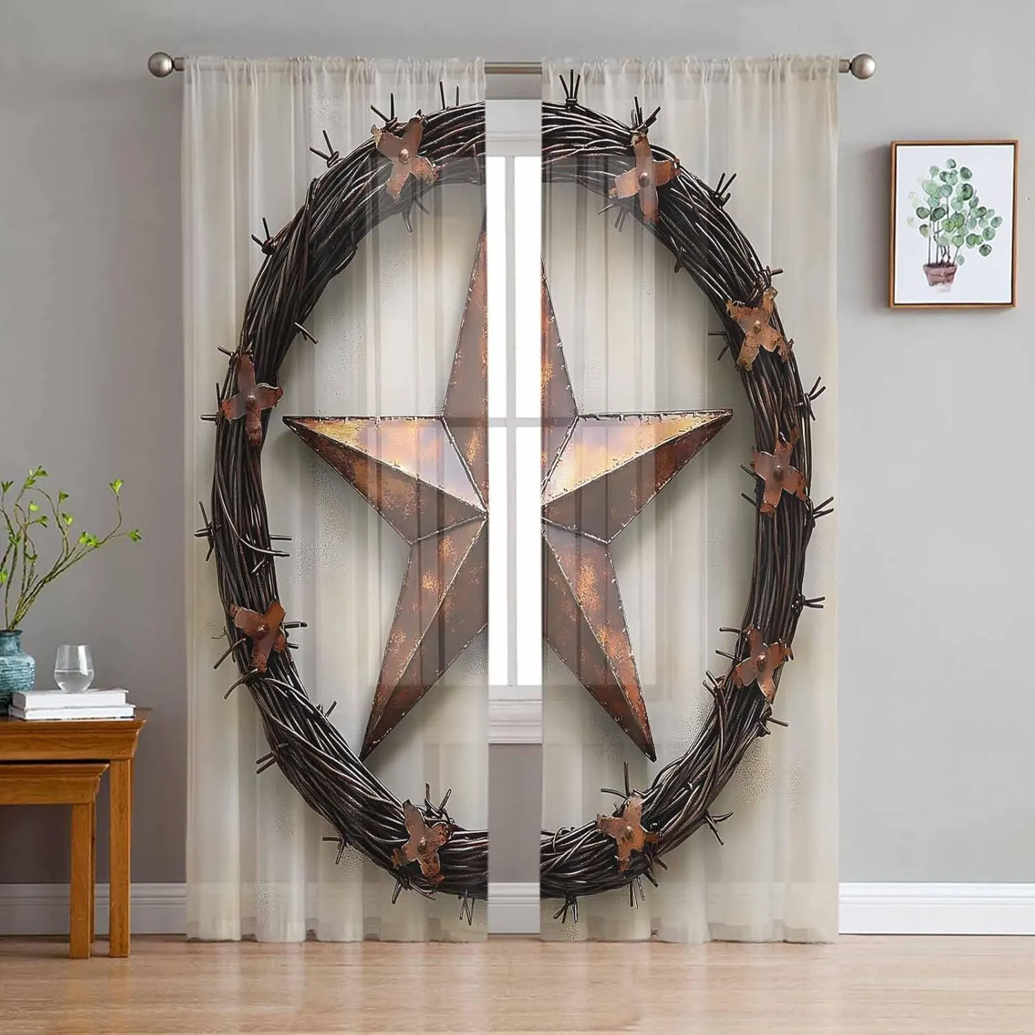 Sheer Curtains 96 Inches Long 2 Panels Set for Living Room, Western Star Brown Semi Sheer Curtains for Windows, Country Farmhouse Retro Texture Voile Window Treatments Rod Pocket Curtain