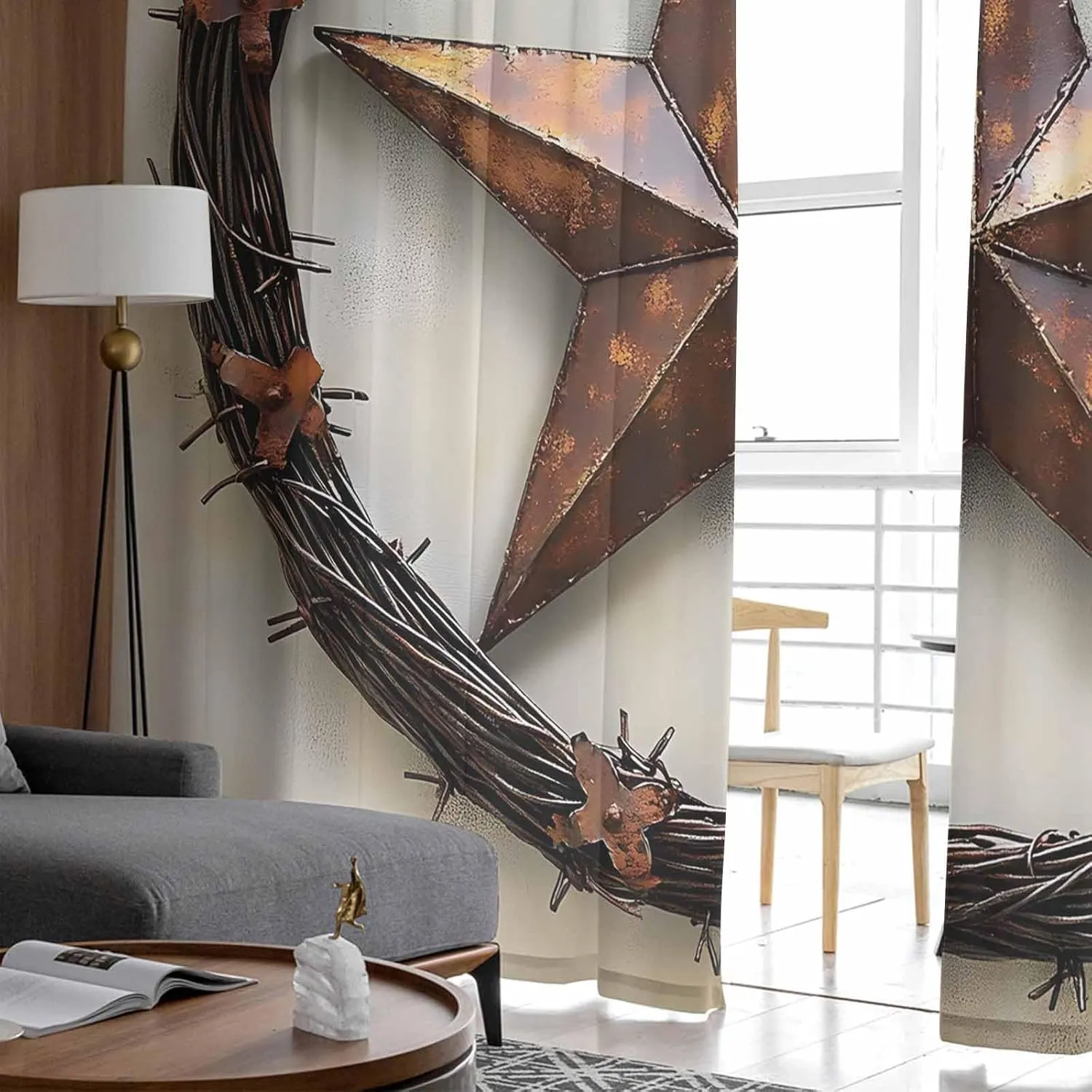 Sheer Curtains 96 Inches Long 2 Panels Set for Living Room, Western Star Brown Semi Sheer Curtains for Windows, Country Farmhouse Retro Texture Voile Window Treatments Rod Pocket Curtain