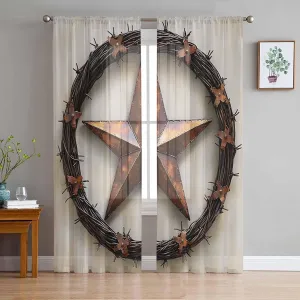 Sheer Curtains 96 Inches Long 2 Panels Set for Living Room, Western Star Brown Semi Sheer Curtains for Windows, Country Farmhouse Retro Texture Voile Window Treatments Rod Pocket Curtain