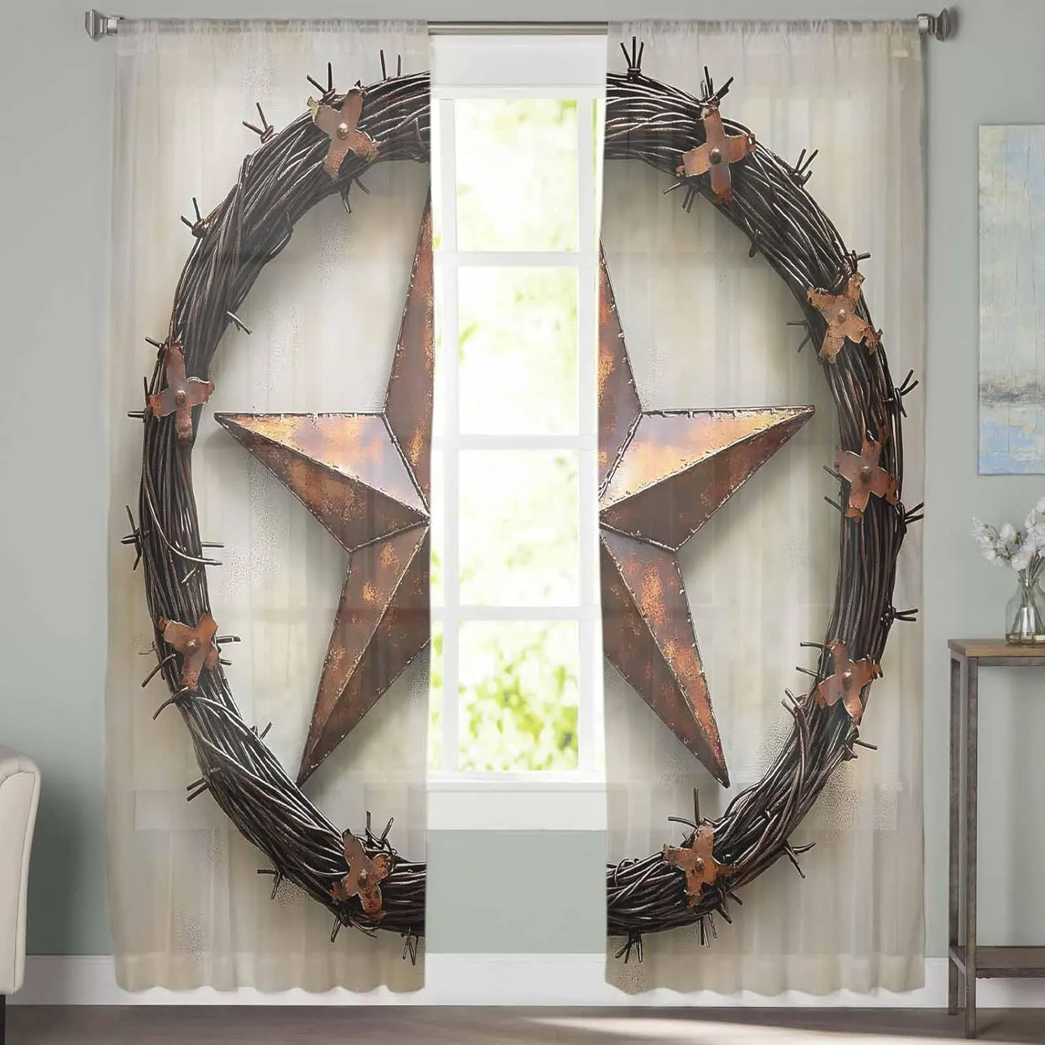 Sheer Curtains 96 Inches Long 2 Panels Set for Living Room, Western Star Brown Semi Sheer Curtains for Windows, Country Farmhouse Retro Texture Voile Window Treatments Rod Pocket Curtain