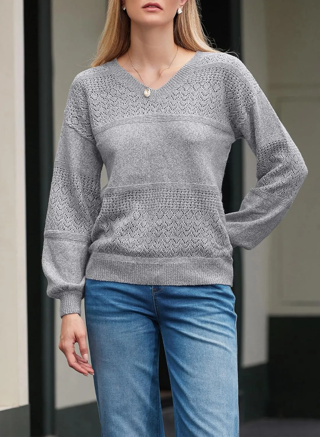 SHEWIN Womens Sweaters Casual Long Sleeve V Neck Lightweight Crochet Pullover Sweater Tops