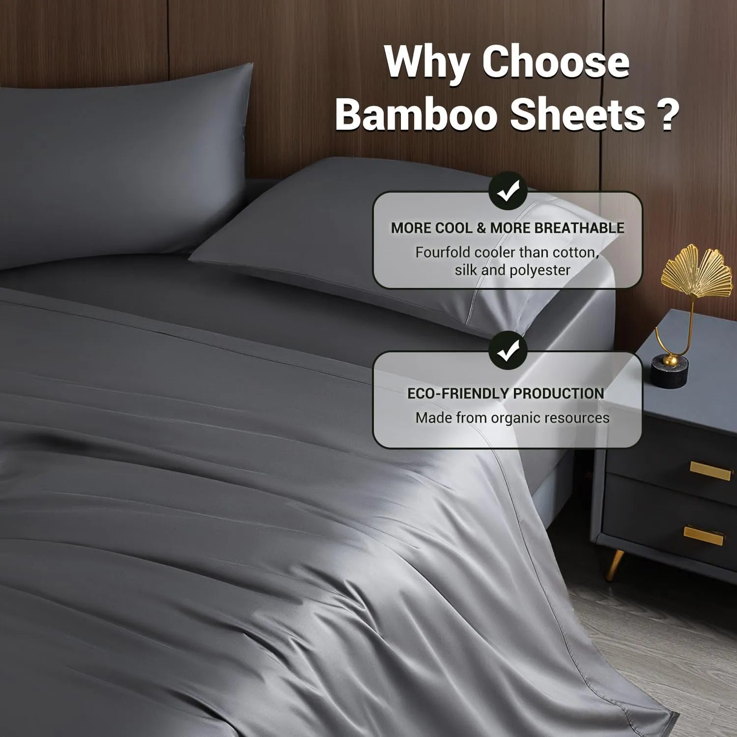 Shilucheng 4 Piece Queen Sheet Sets, Cooling Sheets, Blend Rayon Derived from Bamboo, Deep Pocket Up to 16", Breathable & Soft Bed Sheets, Hotel Silky Bedding Set, Dark Grey