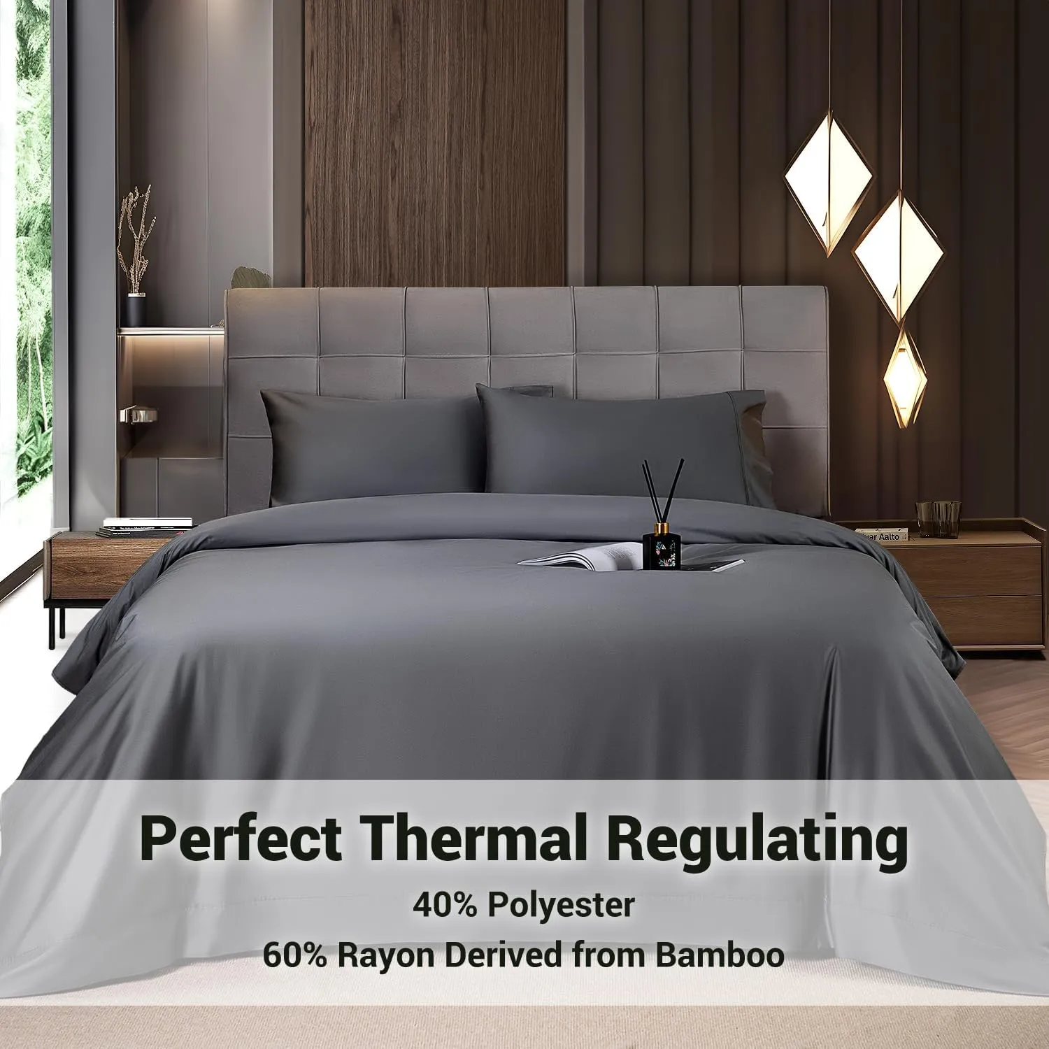 Shilucheng 4 Piece Queen Sheet Sets, Cooling Sheets, Blend Rayon Derived from Bamboo, Deep Pocket Up to 16", Breathable & Soft Bed Sheets, Hotel Silky Bedding Set, Dark Grey