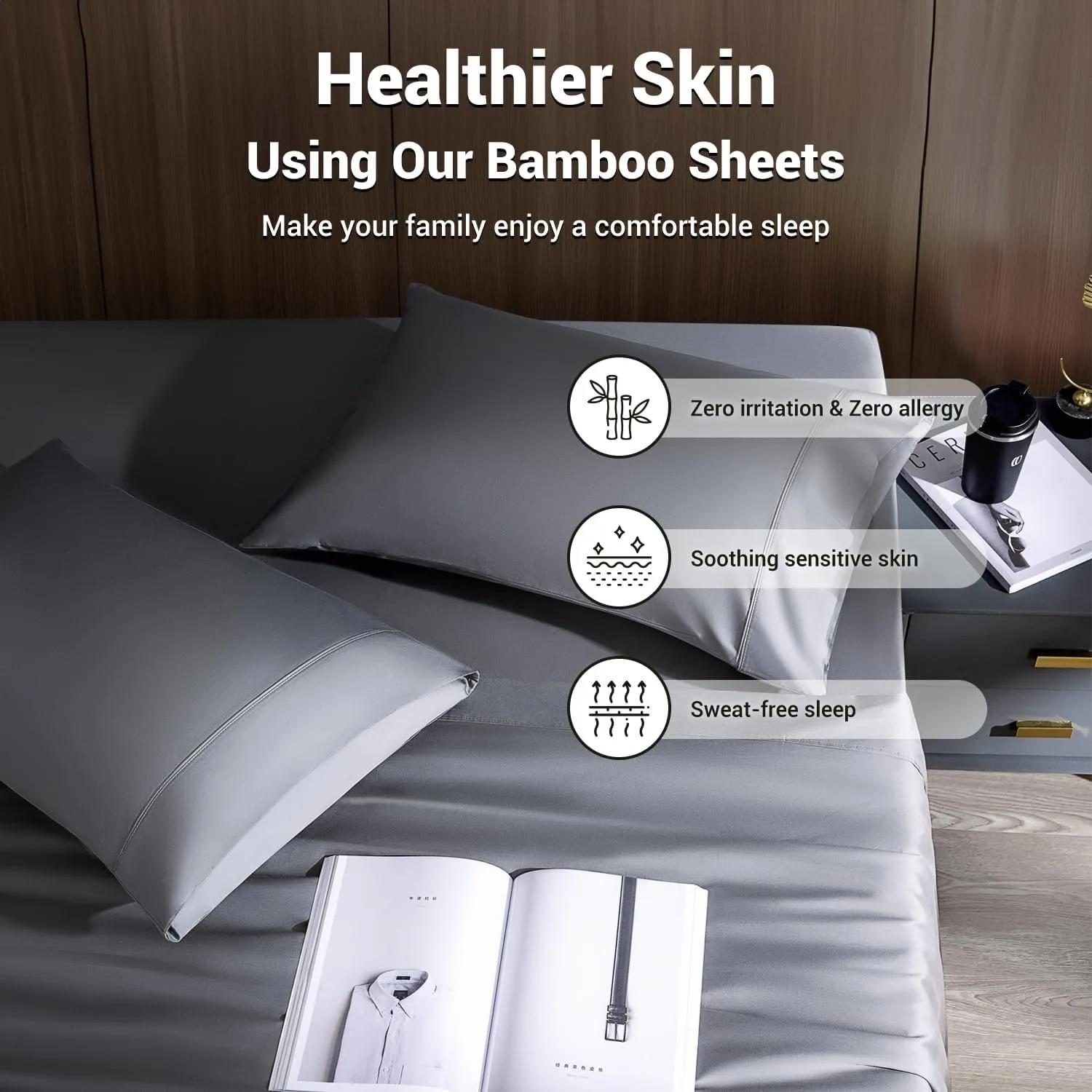 Shilucheng 4 Piece Queen Sheet Sets, Cooling Sheets, Blend Rayon Derived from Bamboo, Deep Pocket Up to 16", Breathable & Soft Bed Sheets, Hotel Silky Bedding Set, Dark Grey