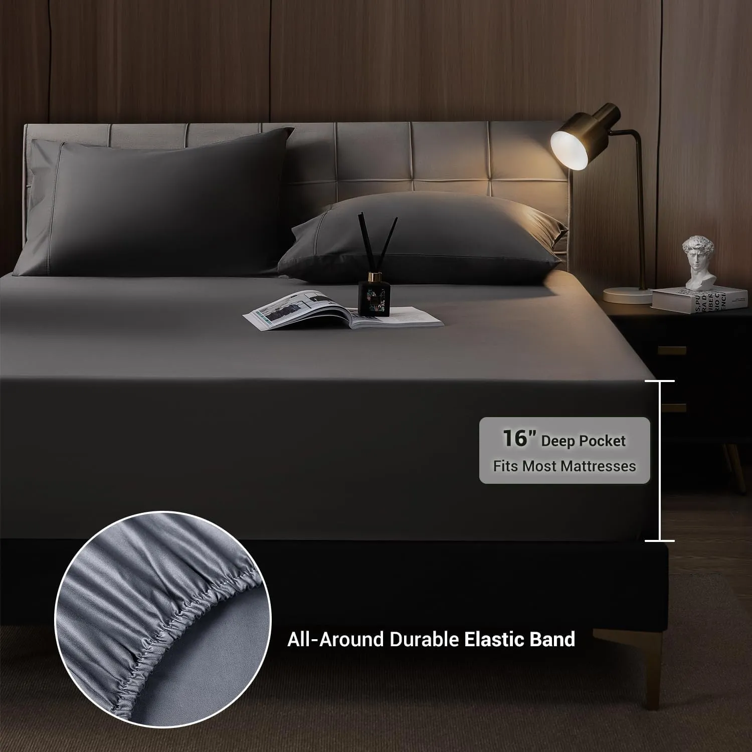 Shilucheng 4 Piece Queen Sheet Sets, Cooling Sheets, Blend Rayon Derived from Bamboo, Deep Pocket Up to 16", Breathable & Soft Bed Sheets, Hotel Silky Bedding Set, Dark Grey