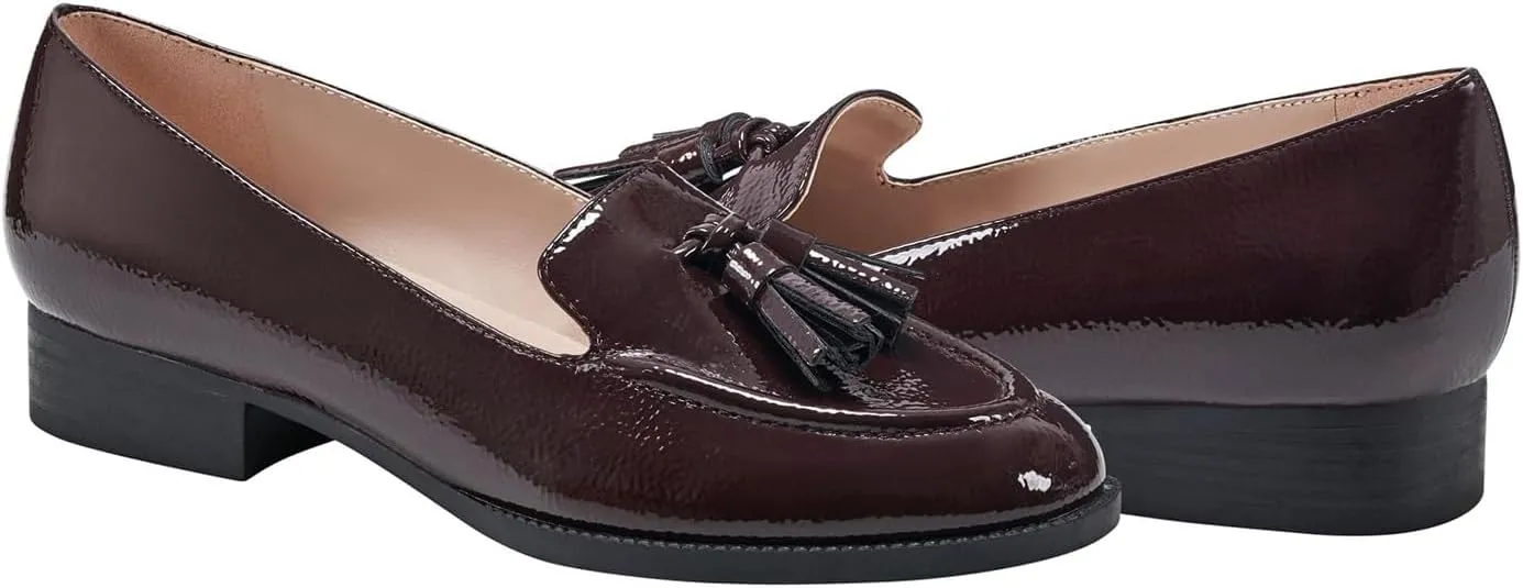 SHODENSE Women Tassel Loafers Round Toe Slip On Chunky Heel Loafer Shoes Fringe Patent 1 inch Low Heel Dress Shoes with Tassels Loafer Flats Office Casual Walking Driver Loafers Comfy 4-11 M US
