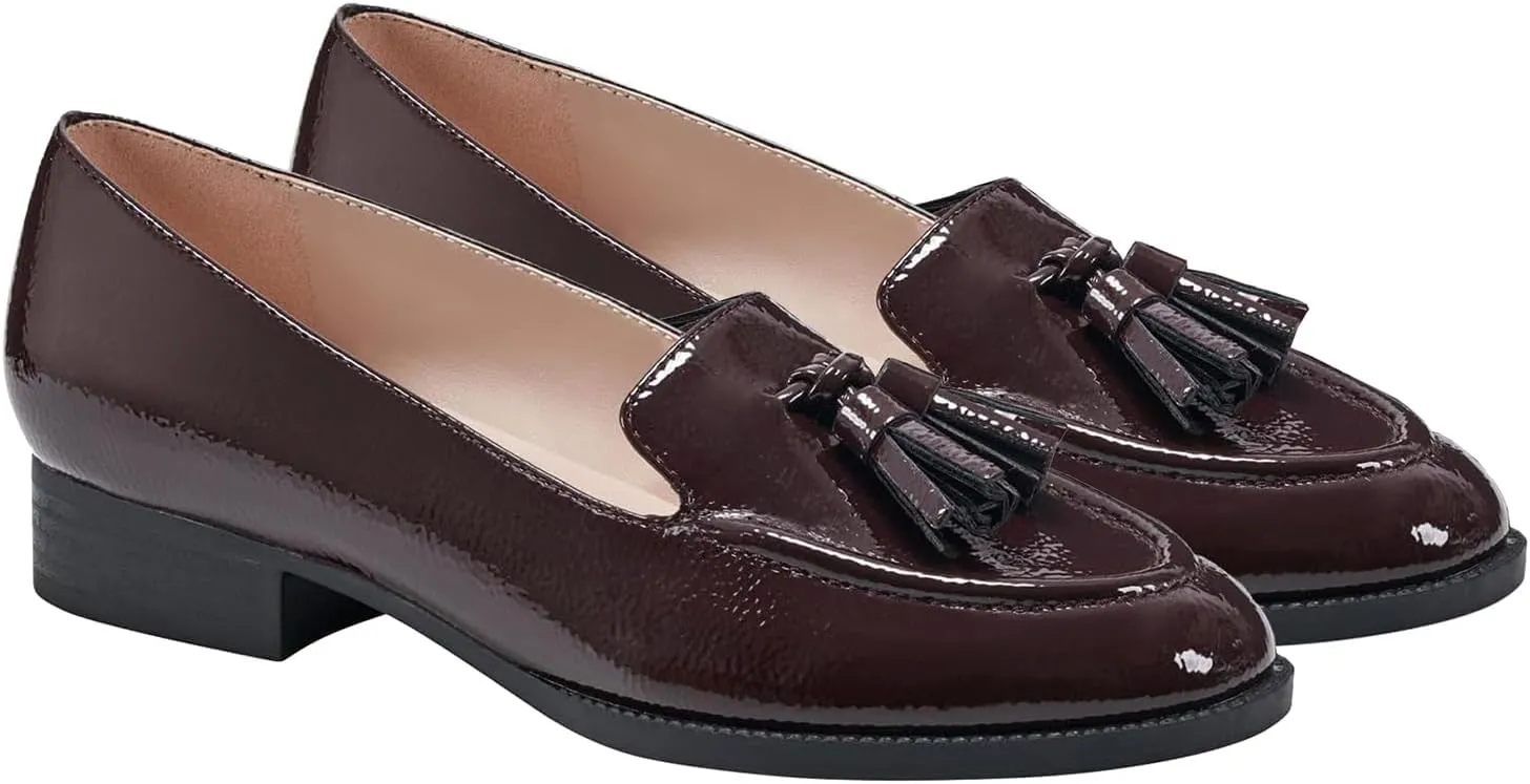SHODENSE Women Tassel Loafers Round Toe Slip On Chunky Heel Loafer Shoes Fringe Patent 1 inch Low Heel Dress Shoes with Tassels Loafer Flats Office Casual Walking Driver Loafers Comfy 4-11 M US