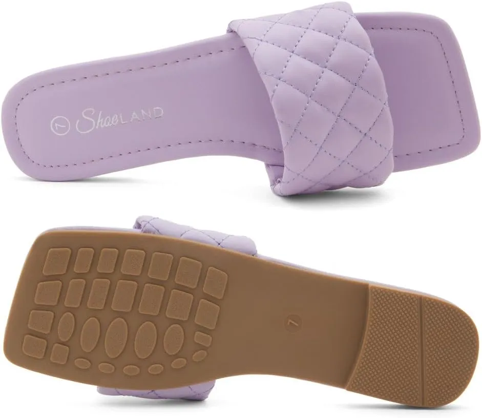 Shoe Land Anisha Women's Flat Sandals, Fashion Slides with Square Open Toe, Quilted Single Band Dressy Sandals, Slip-On Slippers for Summer, Daily Wear, Prom, and Party