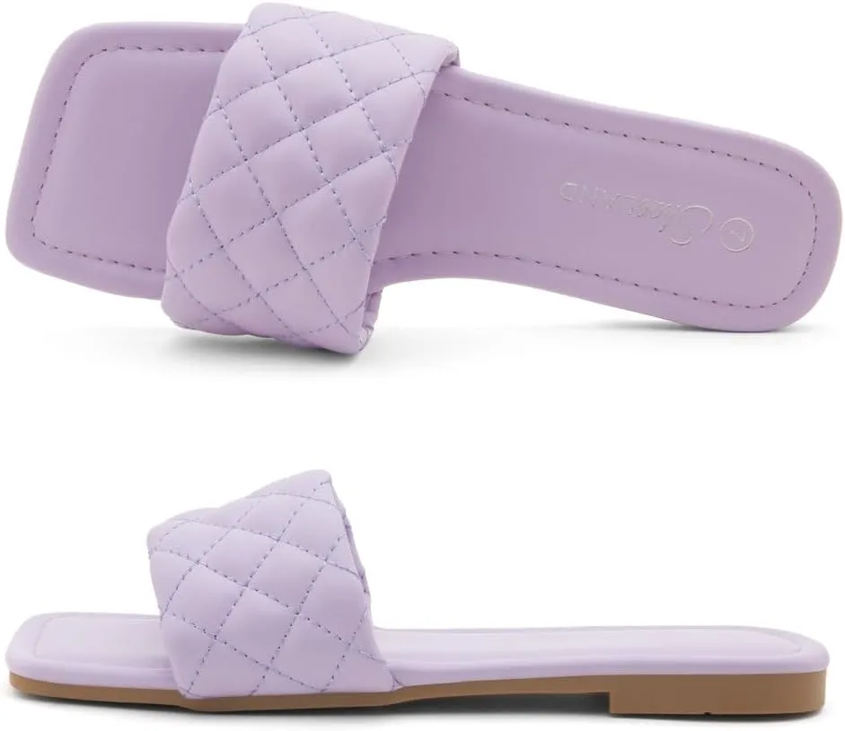 Shoe Land Anisha Women's Flat Sandals, Fashion Slides with Square Open Toe, Quilted Single Band Dressy Sandals, Slip-On Slippers for Summer, Daily Wear, Prom, and Party