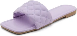 Shoe Land Anisha Women's Flat Sandals, Fashion Slides with Square Open Toe, Quilted Single Band Dressy Sandals, Slip-On Slippers for Summer, Daily Wear, Prom, and Party