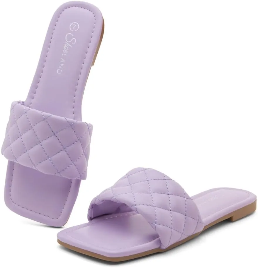 Shoe Land Anisha Women's Flat Sandals, Fashion Slides with Square Open Toe, Quilted Single Band Dressy Sandals, Slip-On Slippers for Summer, Daily Wear, Prom, and Party