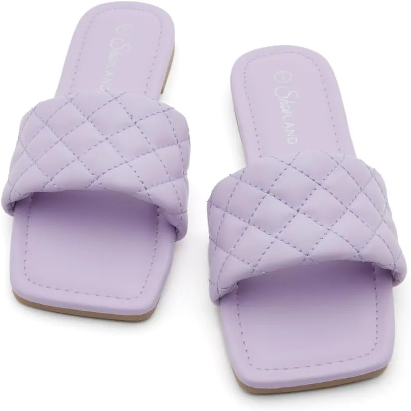 Shoe Land Anisha Women's Flat Sandals, Fashion Slides with Square Open Toe, Quilted Single Band Dressy Sandals, Slip-On Slippers for Summer, Daily Wear, Prom, and Party