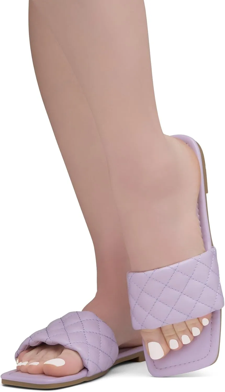 Shoe Land Anisha Women's Flat Sandals, Fashion Slides with Square Open Toe, Quilted Single Band Dressy Sandals, Slip-On Slippers for Summer, Daily Wear, Prom, and Party