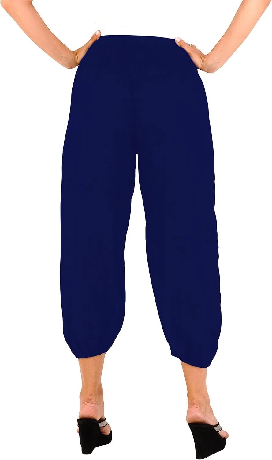 SHU-SHI Womens Boho Harem Capris Pants Trousers Elastic Waist Loose Side Pocket