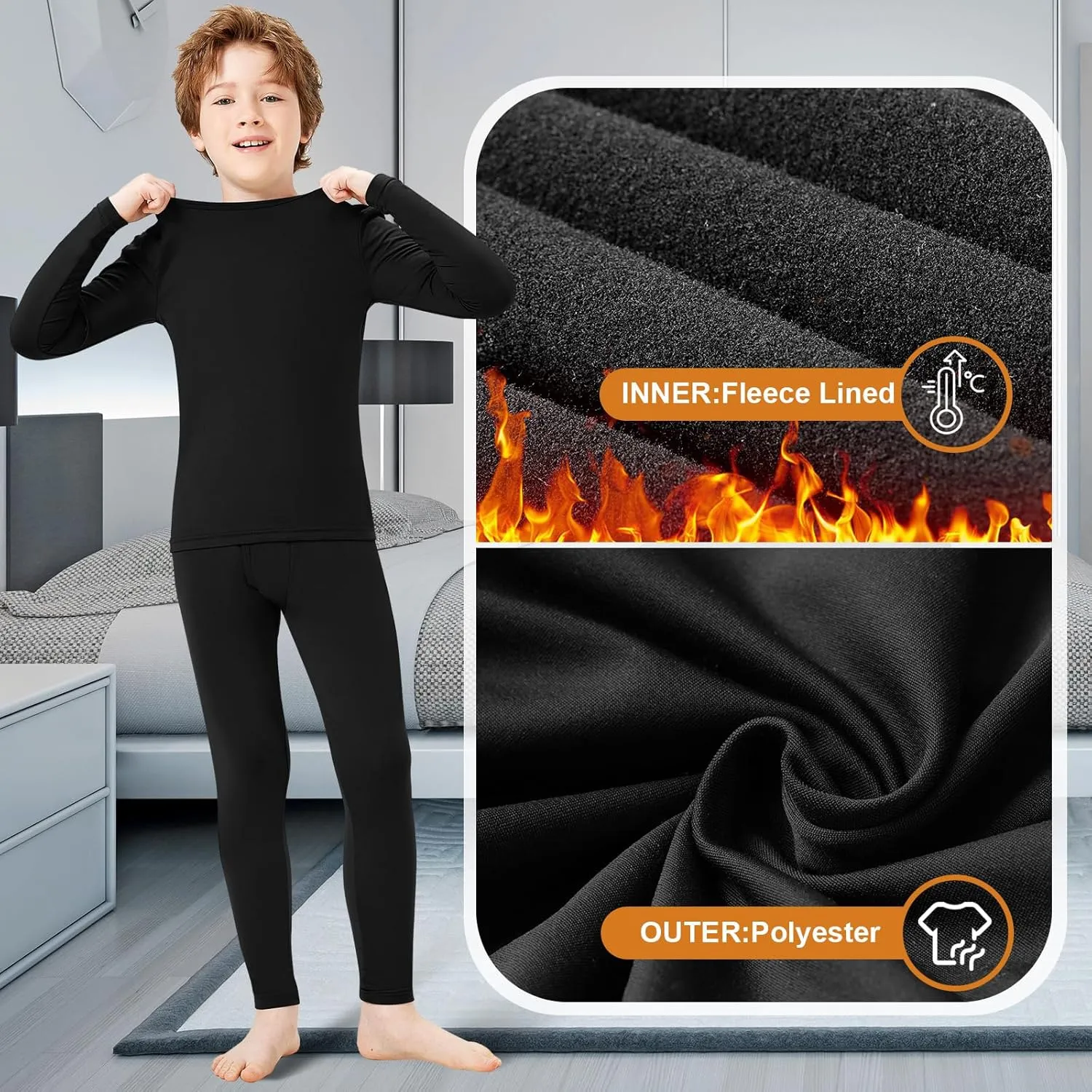 Silkfly Boys Thermal Underwear Set Base Layer Fleece Lined Underwear for Kids Shirt and Pants for Boys Winter