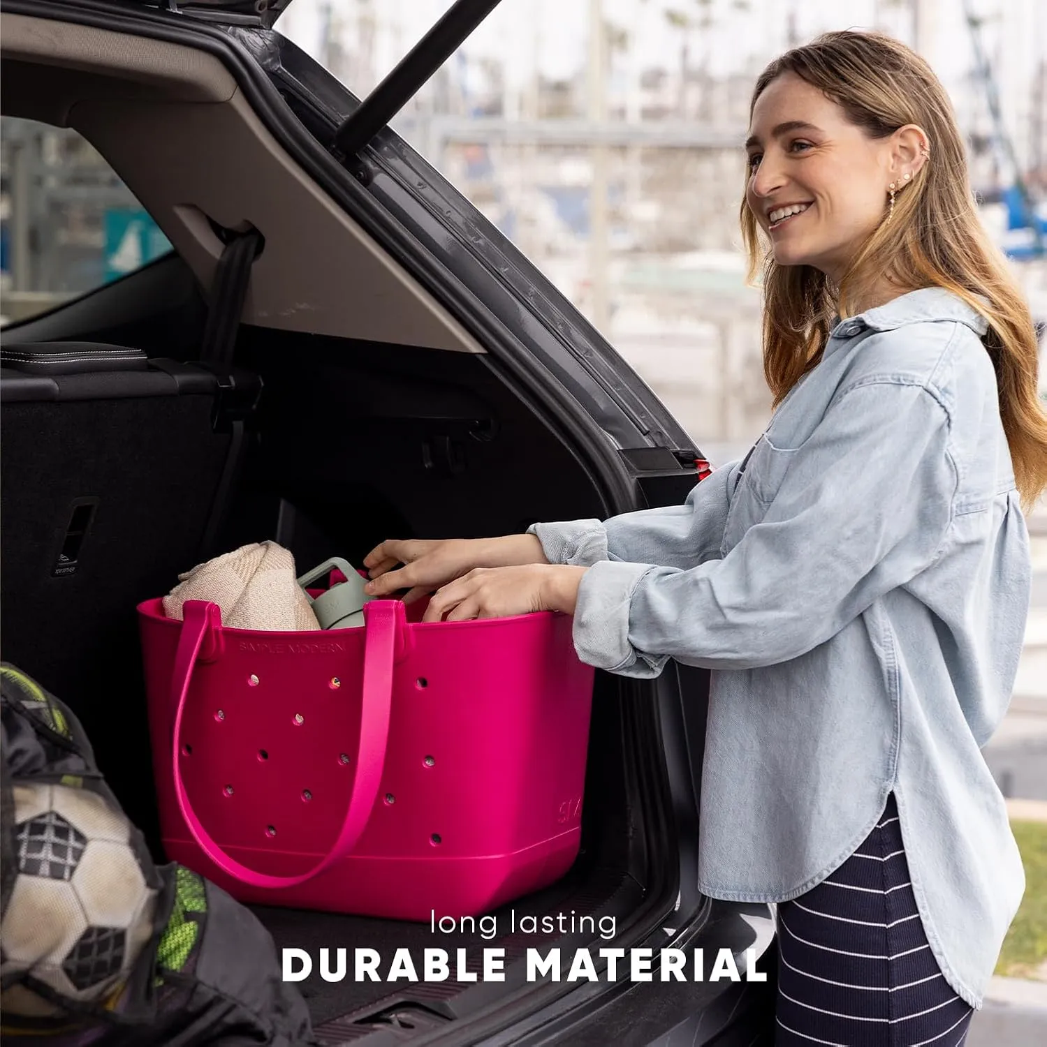 Simple Modern Medium Beach Bag | Waterproof Getaway Rubber Tote with Zipper Pocket for Travel, Pool, Boat, Groceries, Sports | Electric Lavender