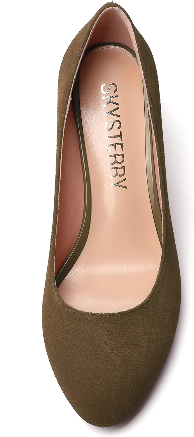 SKYSTERRY Womens Cute Round Toe Slip On Suede Wedding Block Mid Heel Pumps Shoes 2.5 Inch
