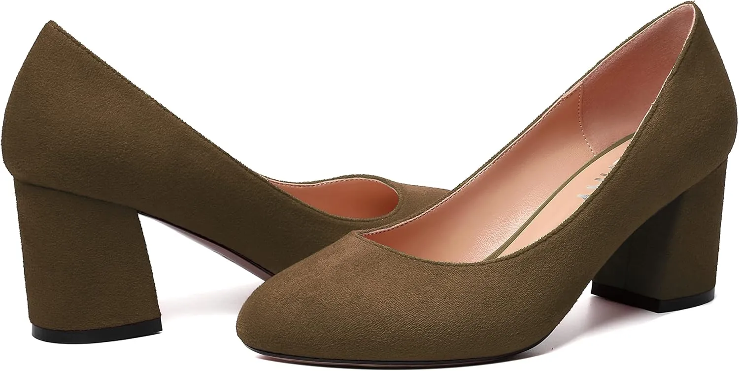 SKYSTERRY Womens Cute Round Toe Slip On Suede Wedding Block Mid Heel Pumps Shoes 2.5 Inch