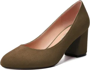 SKYSTERRY Womens Cute Round Toe Slip On Suede Wedding Block Mid Heel Pumps Shoes 2.5 Inch