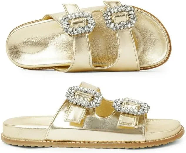 Slide Sandals for Women Rhinestone Flat Platform Sandals Soft Footbed Comfortable Walking Girls Ladies Summer Sandals