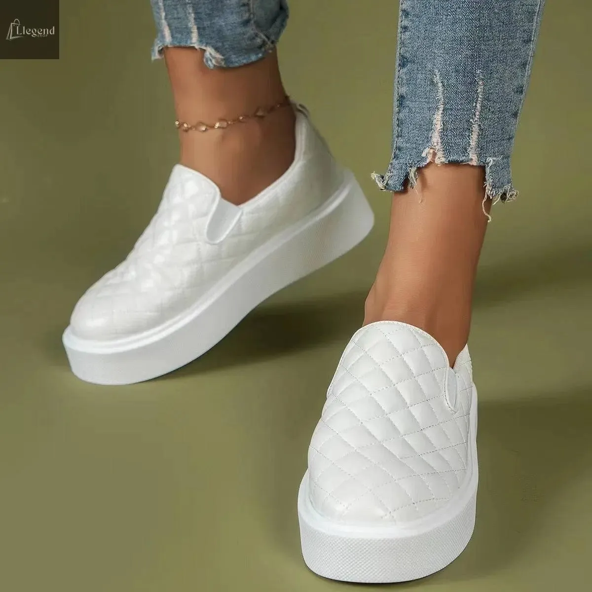 Slip-on Flats Loafers Lightweight  Casual Platform Shoes White/Black