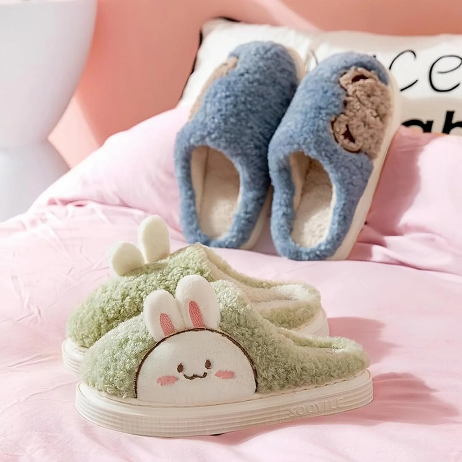 Slippers for Women Indoor Fluffy Cute Bunny Bears Faux Fur Lined Slide Shoes Comfy Memory Foam Fuzzy Slippers