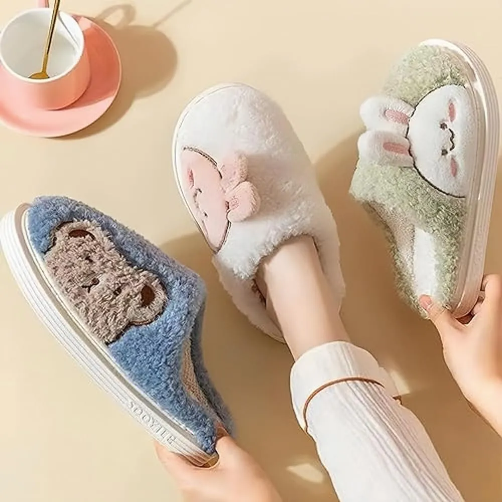 Slippers for Women Indoor Fluffy Cute Bunny Bears Faux Fur Lined Slide Shoes Comfy Memory Foam Fuzzy Slippers
