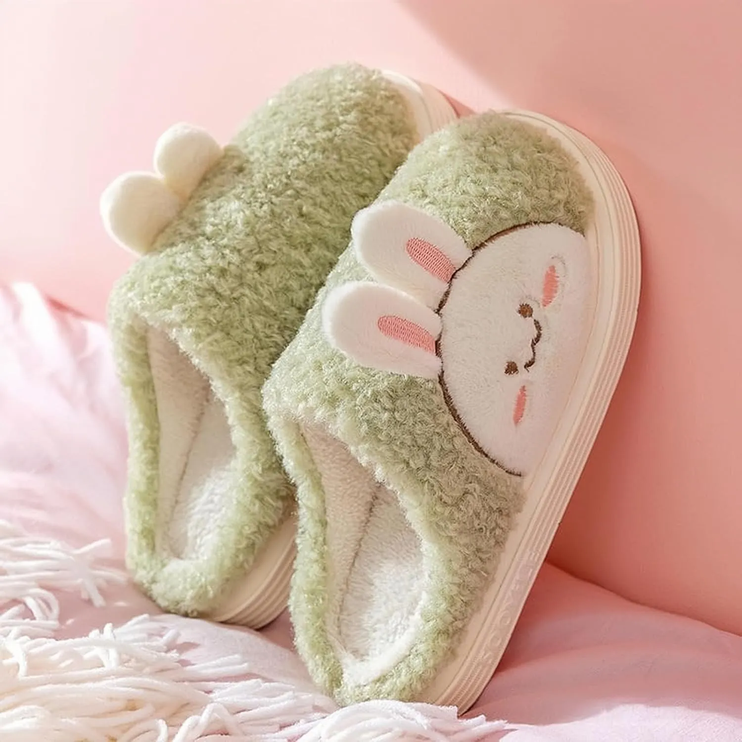 Slippers for Women Indoor Fluffy Cute Bunny Bears Faux Fur Lined Slide Shoes Comfy Memory Foam Fuzzy Slippers