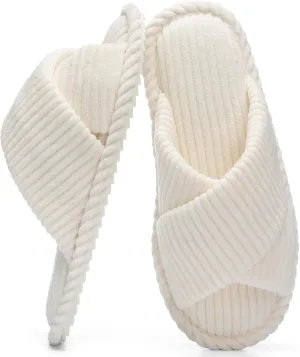 Slippers for Women Memory Foam House Bedroom Corduroy Crossbands Open Toe Slides Sandals Shoes Comfy Trendy Gift for womens Anti-Skid sole