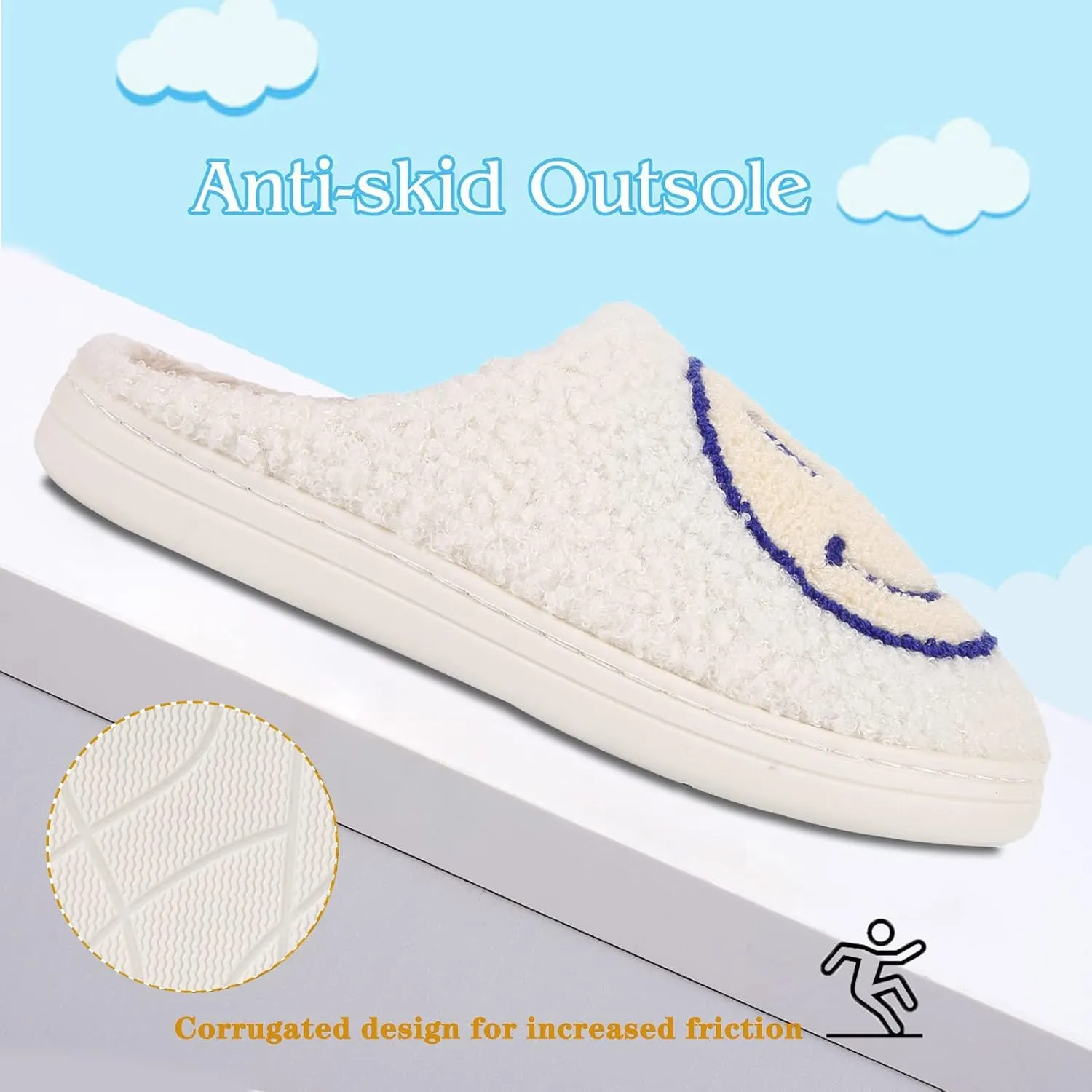 Smile Face Slippers For Women Men, Retro Soft Plush Lightweight Cute Happy Face House Slides, Cozy Fluffy Warm Home Cloud Slippers Slip-On Fleece Shoes Non-Slip Indoor Outdoor
