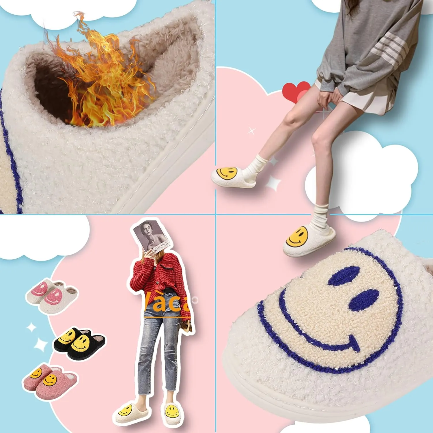 Smile Face Slippers For Women Men, Retro Soft Plush Lightweight Cute Happy Face House Slides, Cozy Fluffy Warm Home Cloud Slippers Slip-On Fleece Shoes Non-Slip Indoor Outdoor