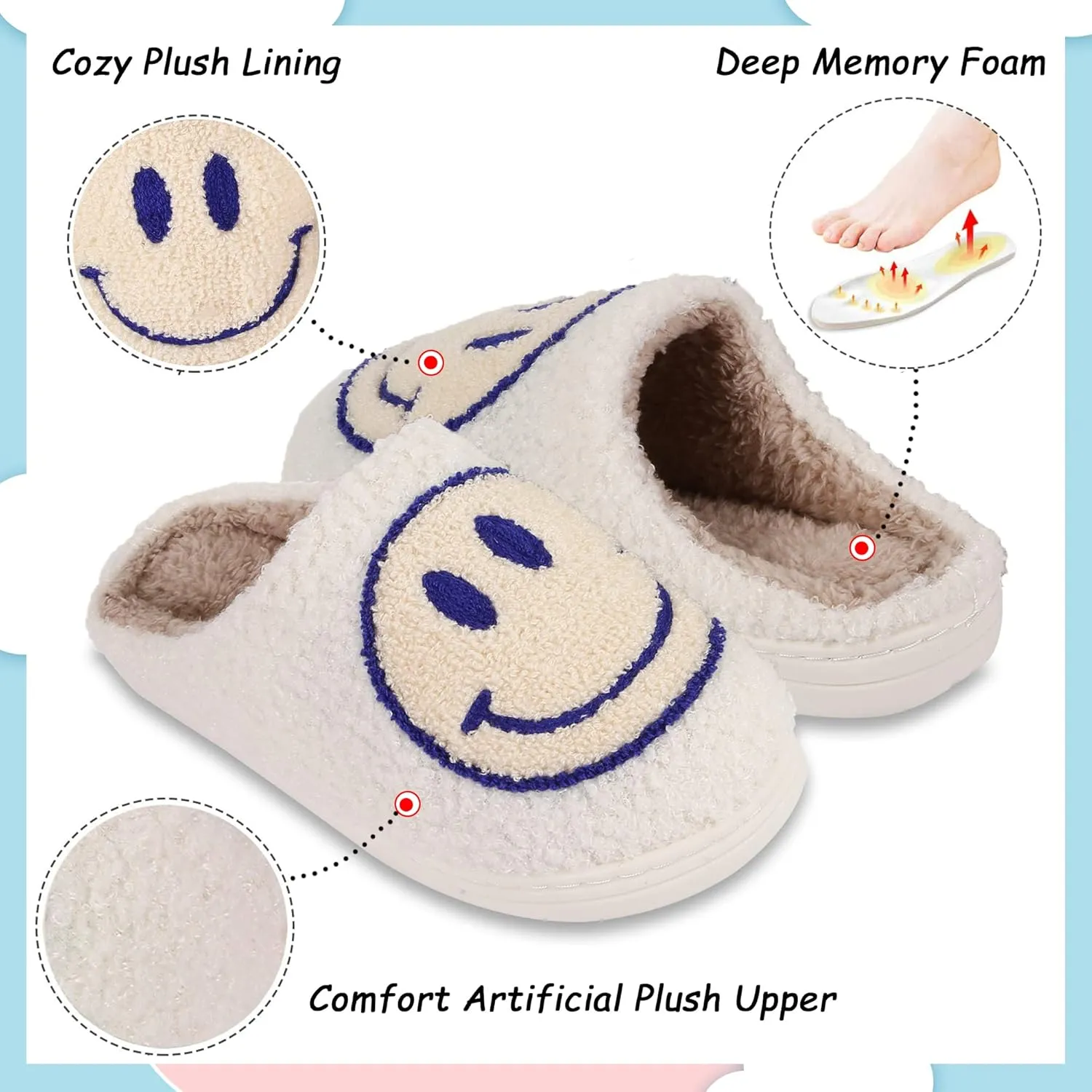 Smile Face Slippers For Women Men, Retro Soft Plush Lightweight Cute Happy Face House Slides, Cozy Fluffy Warm Home Cloud Slippers Slip-On Fleece Shoes Non-Slip Indoor Outdoor