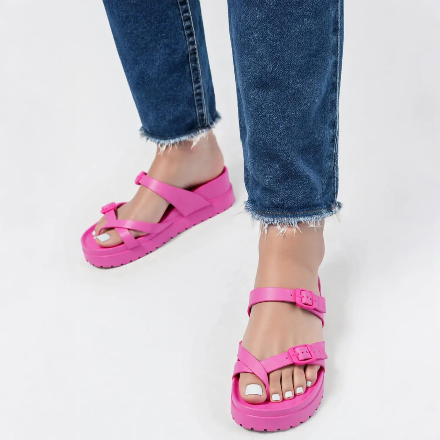 SOSOWHLTE Womens Platform Sandals Adjustable Buckle Summer Arch Support Cushion Slides Woman Lightweight Thick Soles Flat Shoes