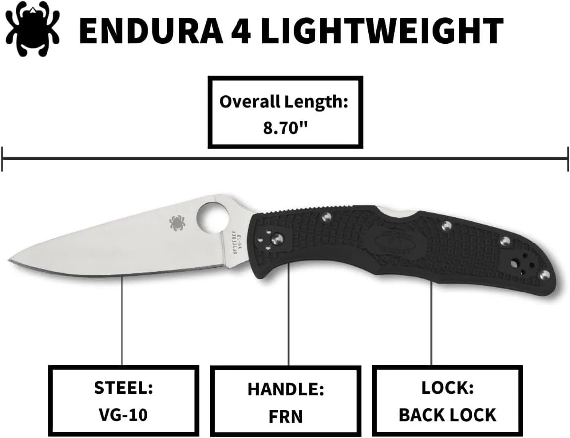 Spyderco Endura 4 Lightweight Signature Knife with 3.80" VG-10 Steel Blade and Black FRN Handle - PlainEdge - C10FPBK