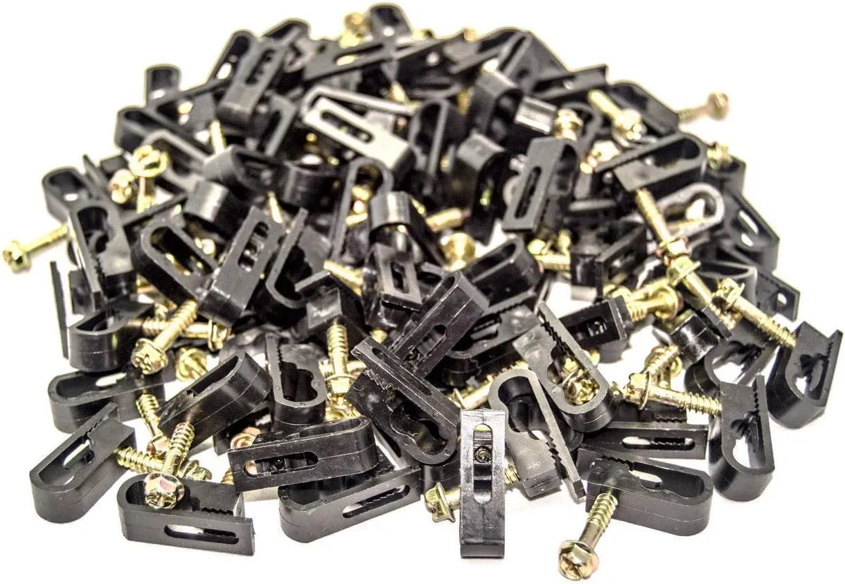 Stanz (TM) Flex Dual Coaxial Cable Clips, Cat6, Electrical Wire Cable Clip, 1/4 in (6 mm) Screw Clip and Fastener, Black (100 Pieces per Bag)