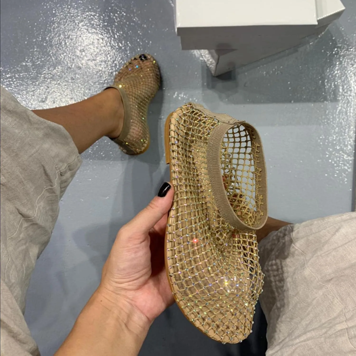 StoneLiquid Tarz Kiz Sparkly Women Shoes, Ultra Comfortable Shiny Gem Mesh Flats Sparkle Slip On Sandals Shoes