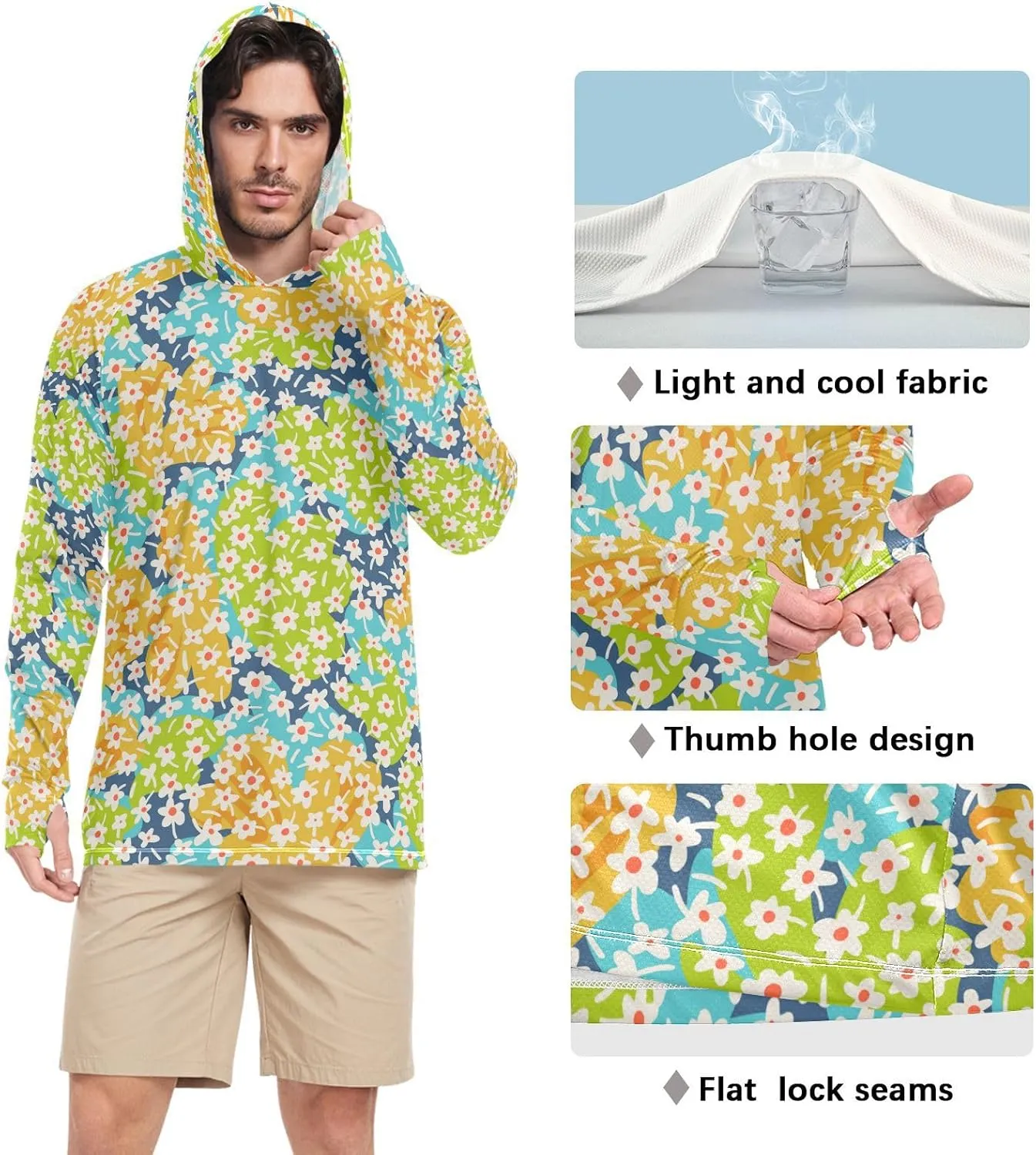 Sun Protection Hoodies Long Sleeve Botanical Floral Sun Shirt with Hood UPF 50 Sun Hoodies Rashguard for Men