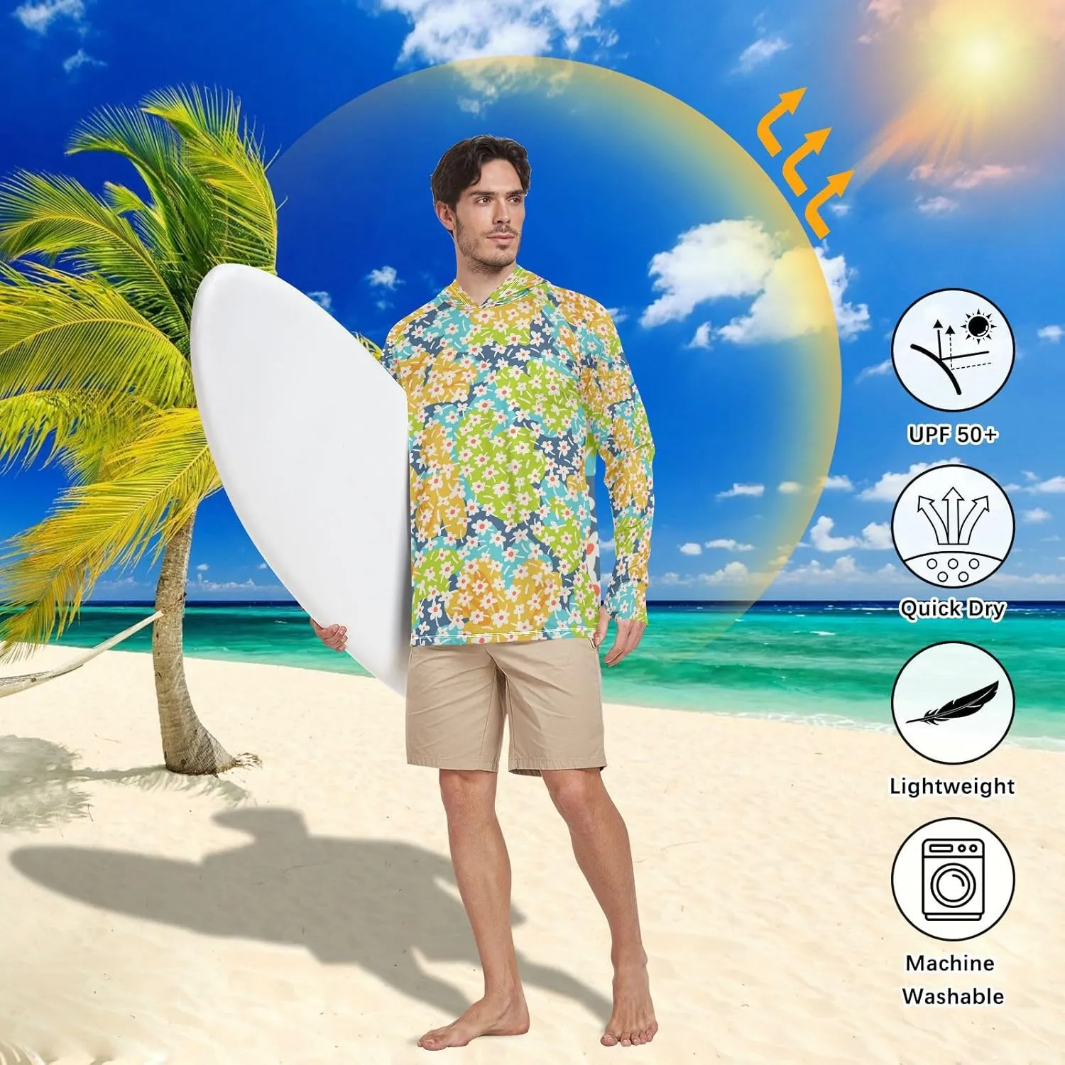 Sun Protection Hoodies Long Sleeve Botanical Floral Sun Shirt with Hood UPF 50 Sun Hoodies Rashguard for Men